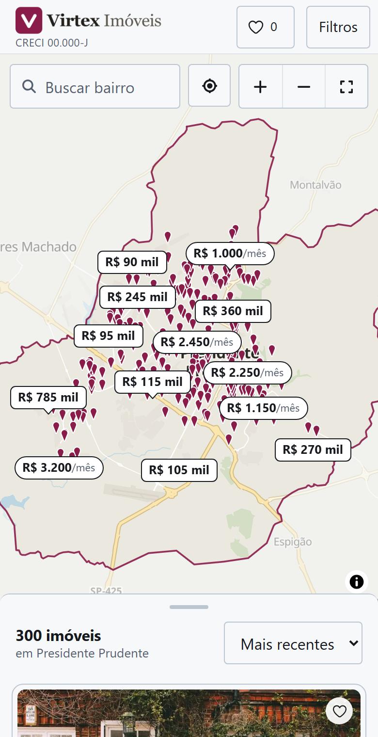 O mesmo mapa no celular, com as etiquetas de preço e a lista que sobe por baixo.
